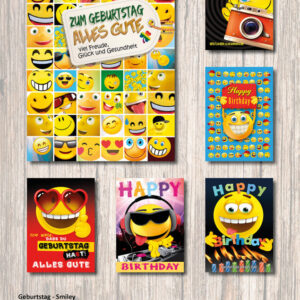 Smiley Geburtstagskarten - 100 Stück - 6 Motive