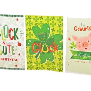 Geburtstagskarte Glück - 100 Stück - 3 Motive - 11,5 x 17,5 cm